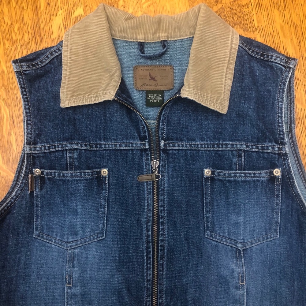 Eddie Bauer Denim Zip Up Vest, Petite Large